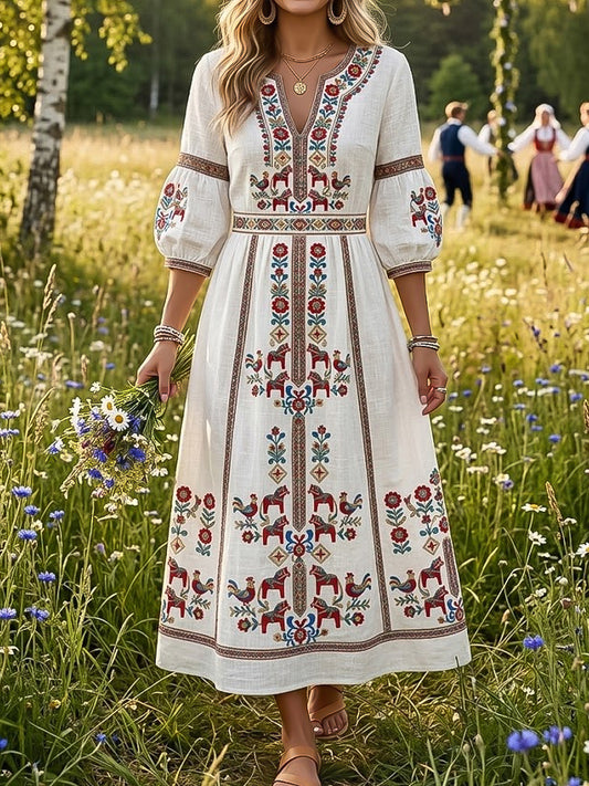 Kvinder Retro svensk midsommer Blomster V-hals kjole