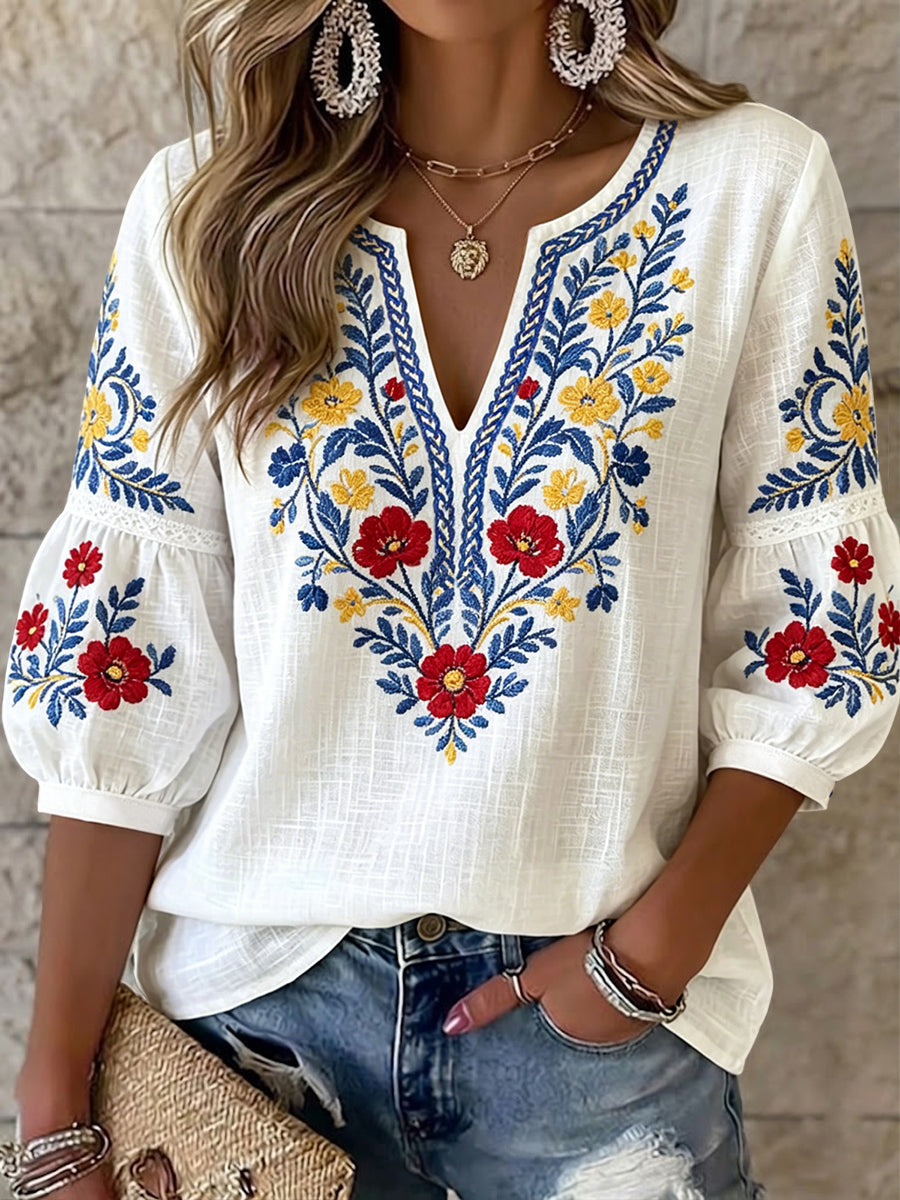 Kvinders Vintage-Stil svenske midsommer Blomster V-hals Topp