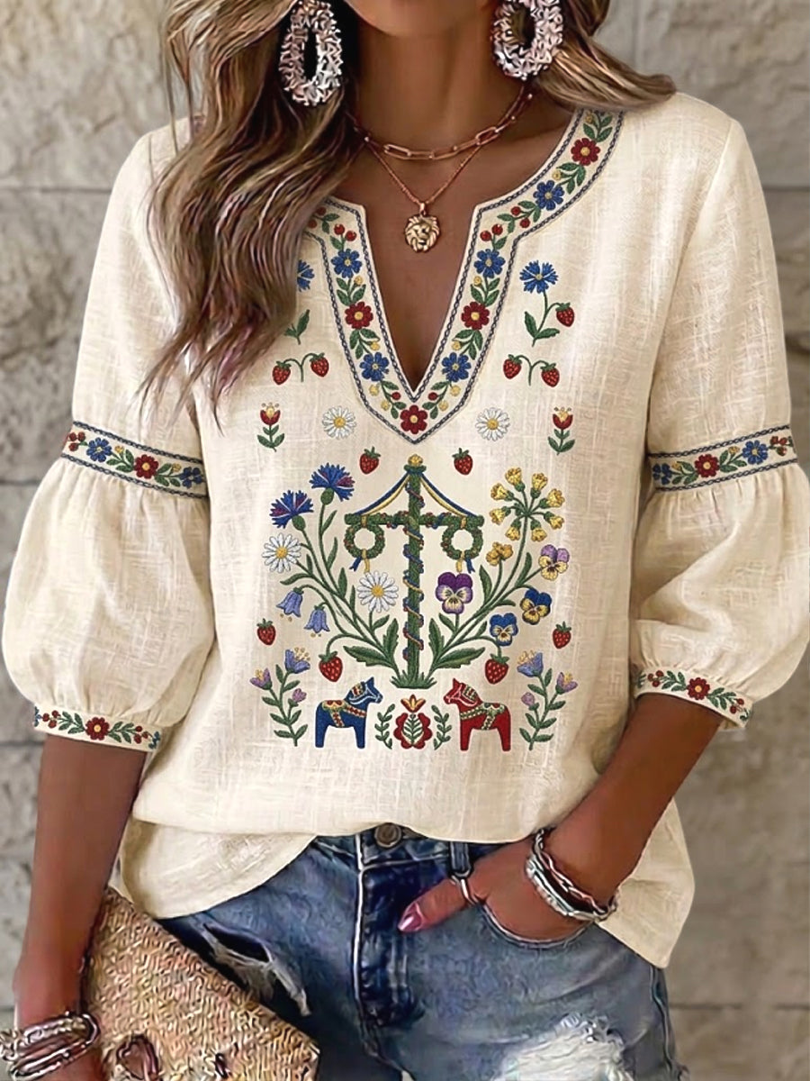 Kvinders svenske midsommer Kunstnerisk Blomster Print Casual V-hals T-shirt