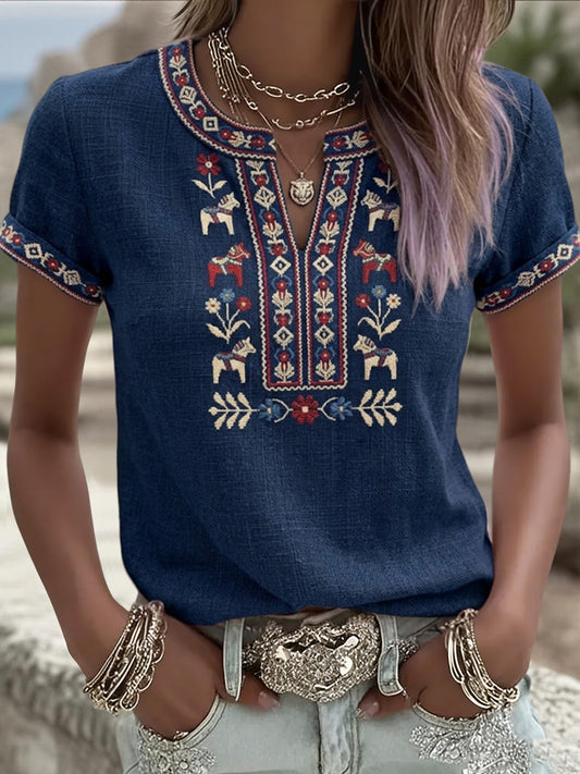 Kvinder Retro svensk midsommer Blomster Patchwork Casual T-shirt