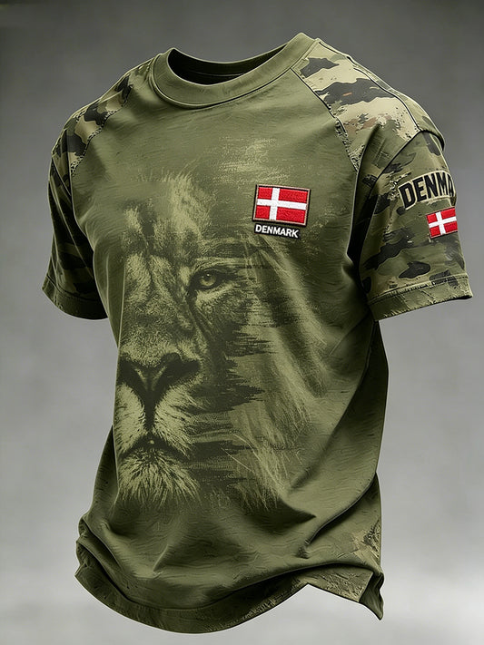 Mænds slidt camouflage-T-shirt med løveprint