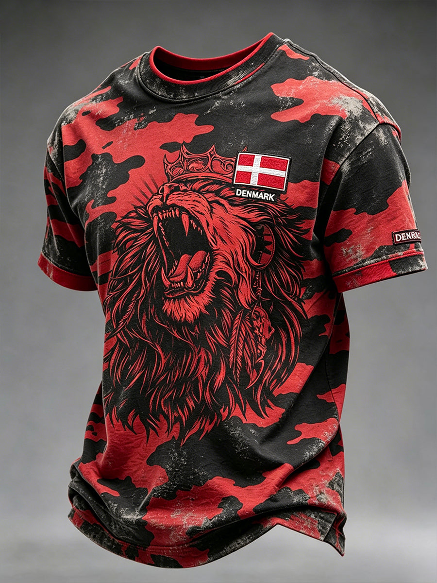 Mænds bekymret camouflage T-shirt med løve print