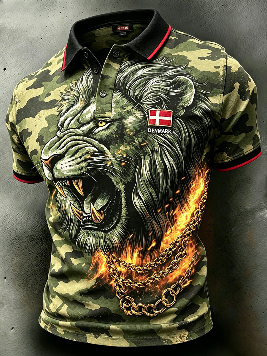 Mænds slidt camouflage-polo med korte ærmer og løveprint