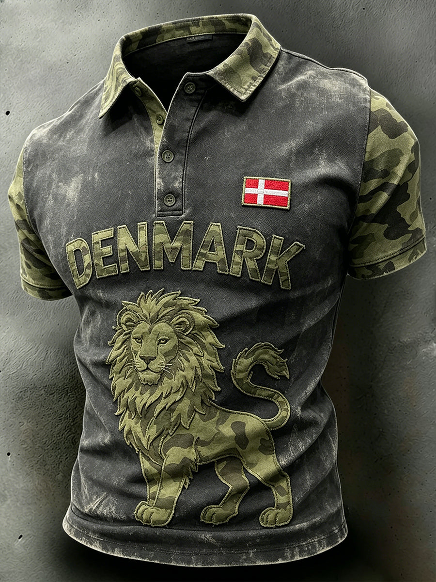 Mænds slidt camouflage polo-shirt med løveprint