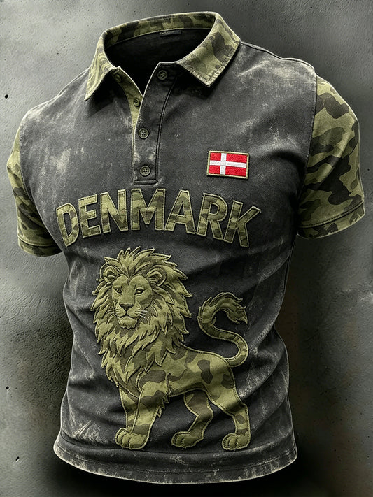 Mænds slidt camouflage polo-shirt med løveprint