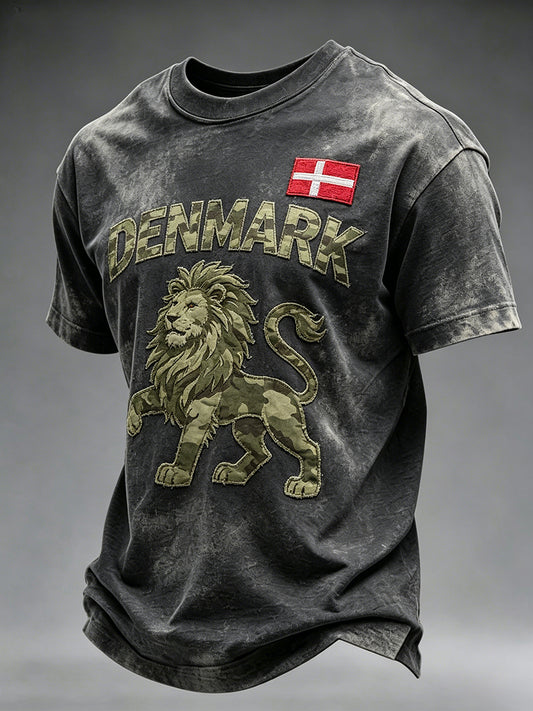 Mænds slidt camouflage t-shirt med løveprint og korte ærmer