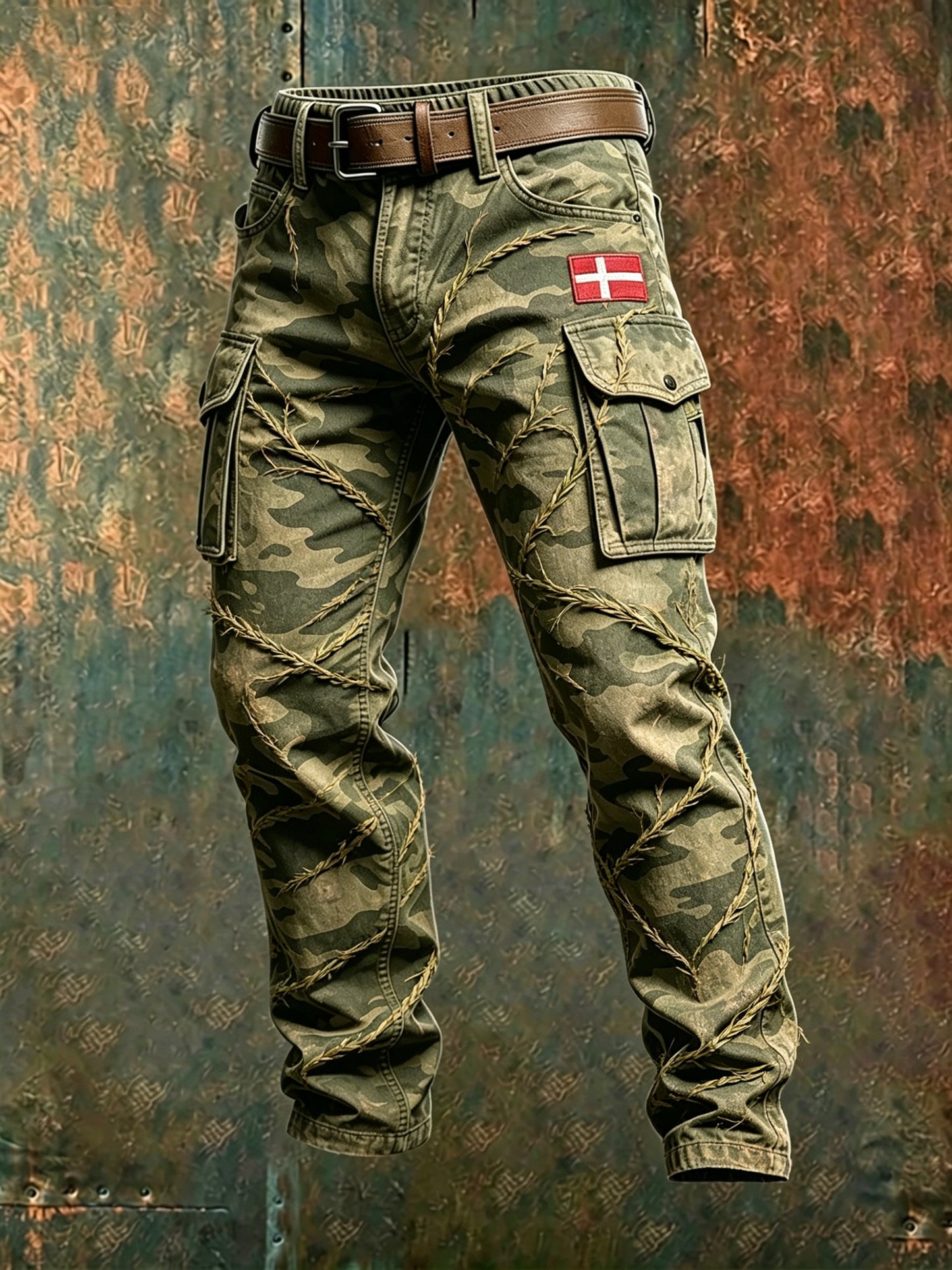 Mænds slidte camouflage-cargobukser med vinstokprint