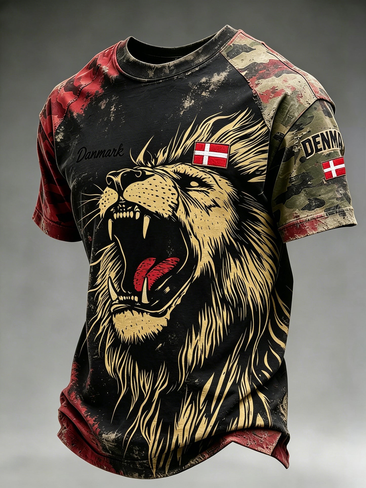 Mænds slidt camouflage-T-shirt med løveprint
