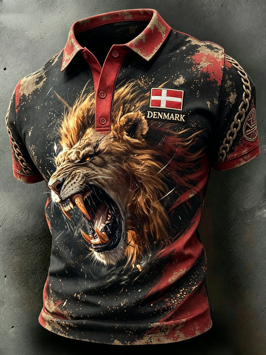 Mænds slidt polo-shirt med løveprint