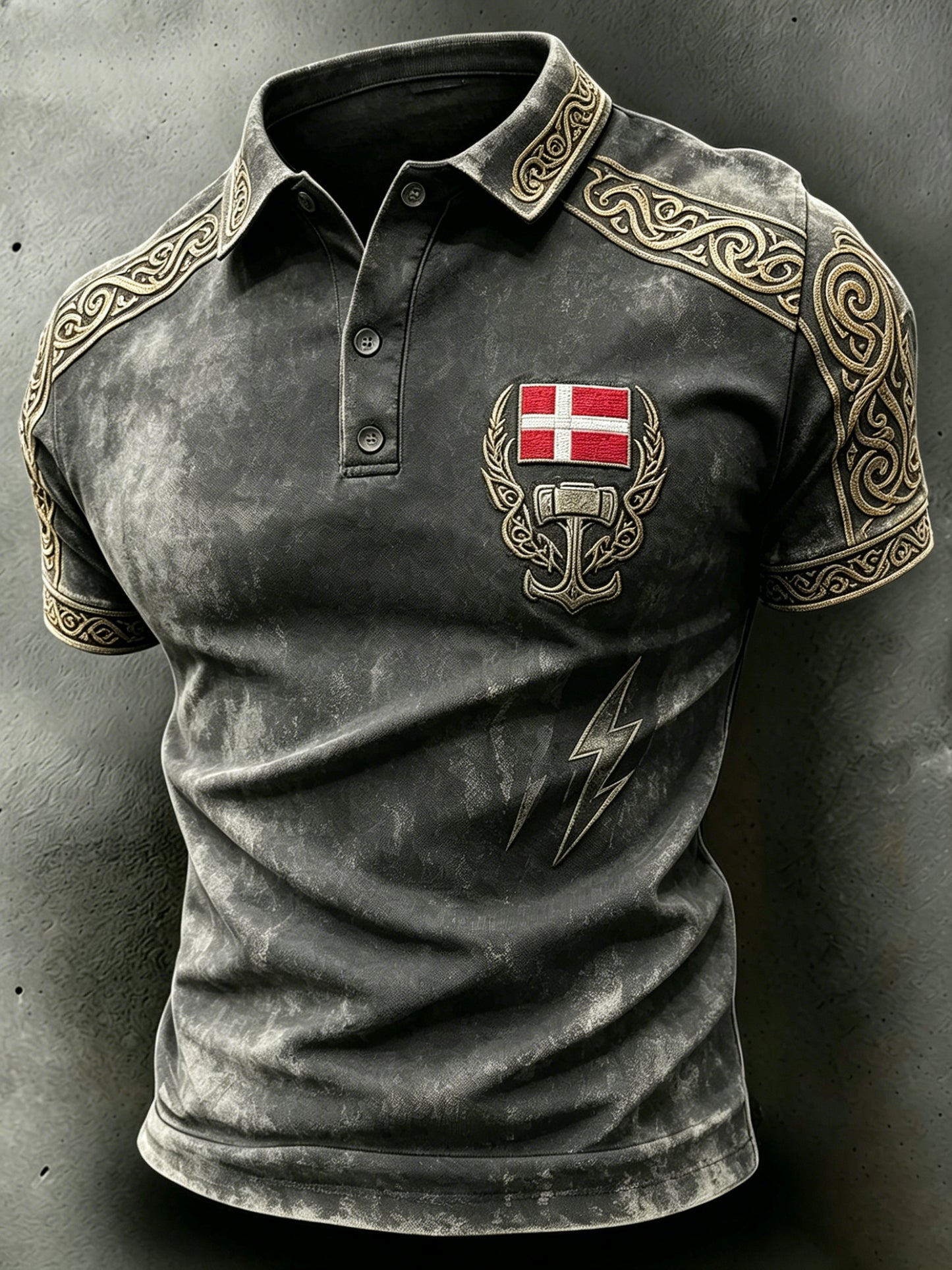 Mænds slidte polo med korte ærmer og vikingemotiv