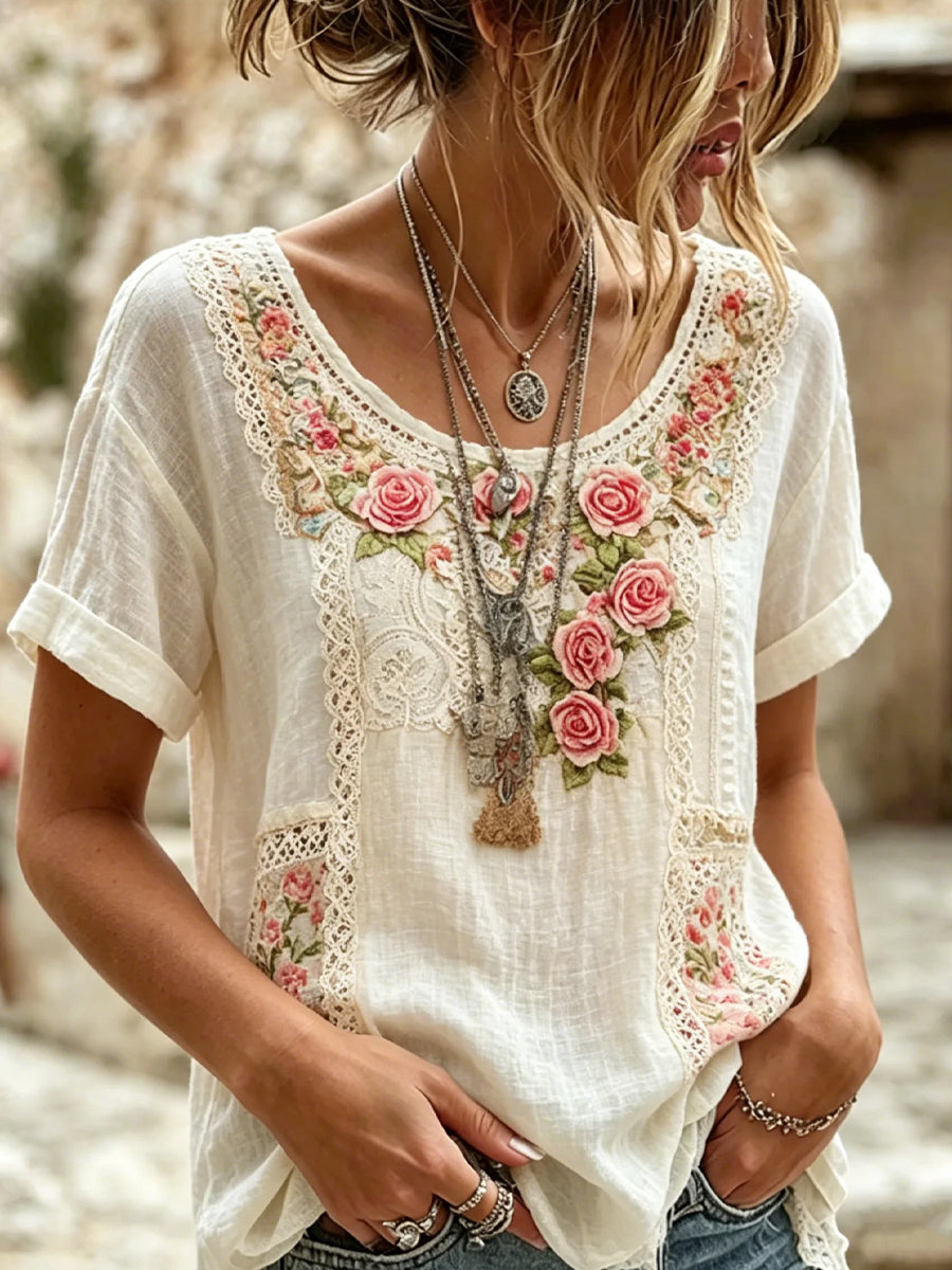 Kvinders vintage blomsterkunstprint afslappet top