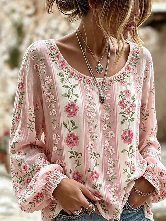 Kvinders Vintage blomsterkunst udskrive Casual Cotton-Linen