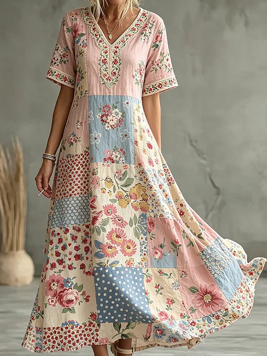 Kvinders boheme floral broderi kunst rund hals kortærmet midikjole