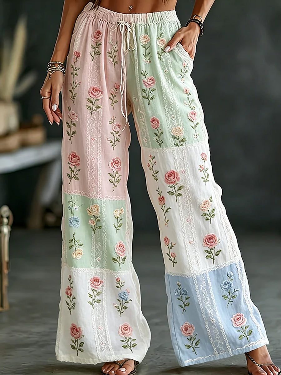 Kvinders vintage bukser i bomuld-lin med blomsterprint, afslappet stil