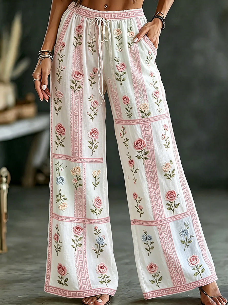 Kvinders vintage bukser i bomuld-lin med blomsterprint, afslappet stil