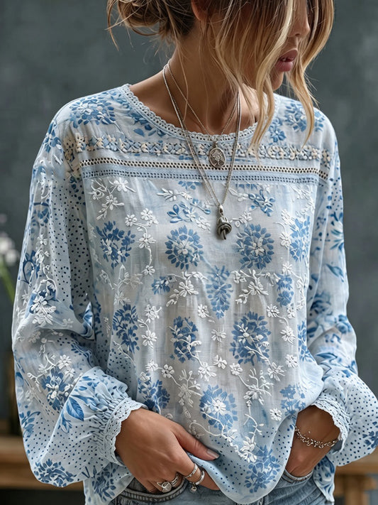 Kvinders vintage blomsterprint af kunst i stil med retro, afslappet top i bomuld-lin ⇒