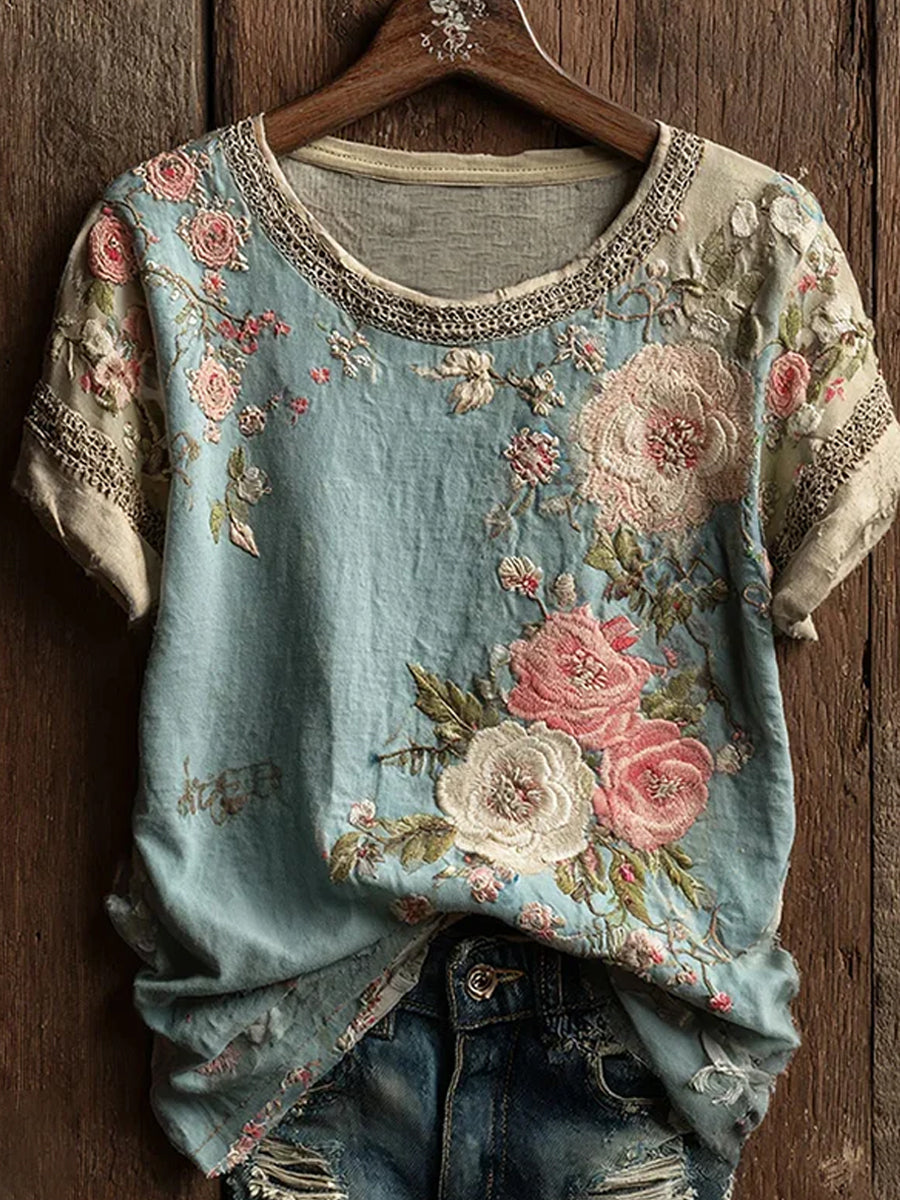 Kvinders vintage blomsterkunstprint afslappet top
