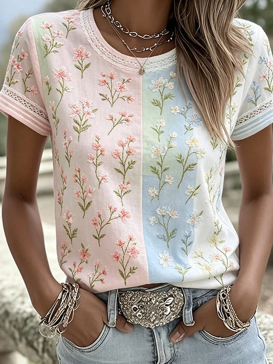 Kvinders vintage blomsterkunstprint afslappet top