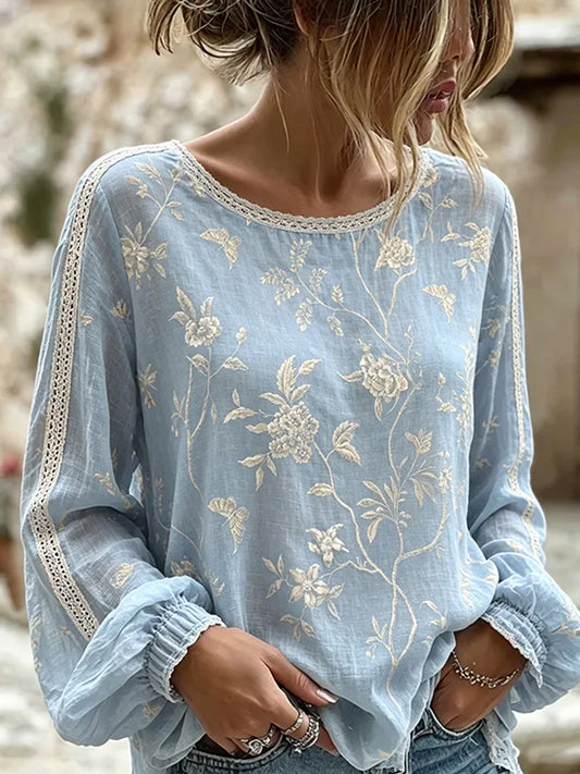 Kvinders vintage blomsterprint af kunst i stil med retro, afslappet top i bomuld-lin ⇒