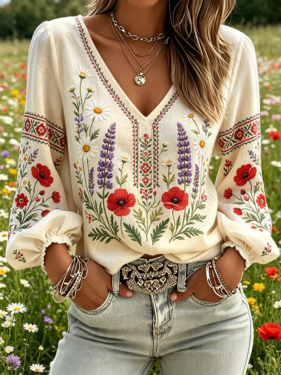 Kvinders midsommer blomster Print Casual V-hals Puff-ærme øverst