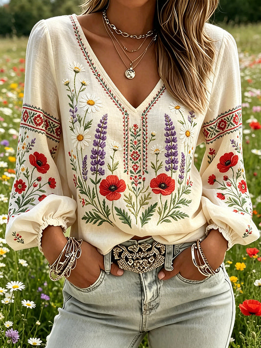 Kvinders midsommer blomster Print Casual V-hals Puff-ærme øverst