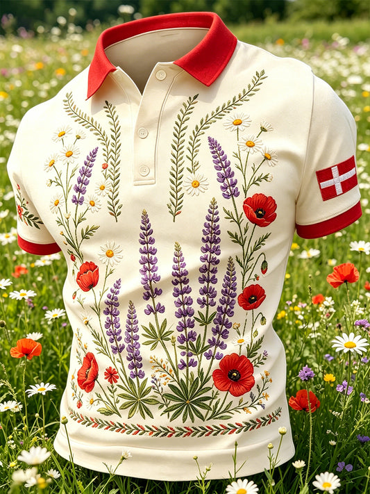 Mænds poloshirt med sommerblomsterprint