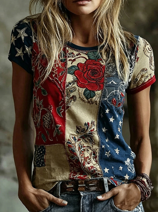 Kvinders vintage blomsterprint af kunst i stil med retro, afslappet top i bomuld-lin ⇒