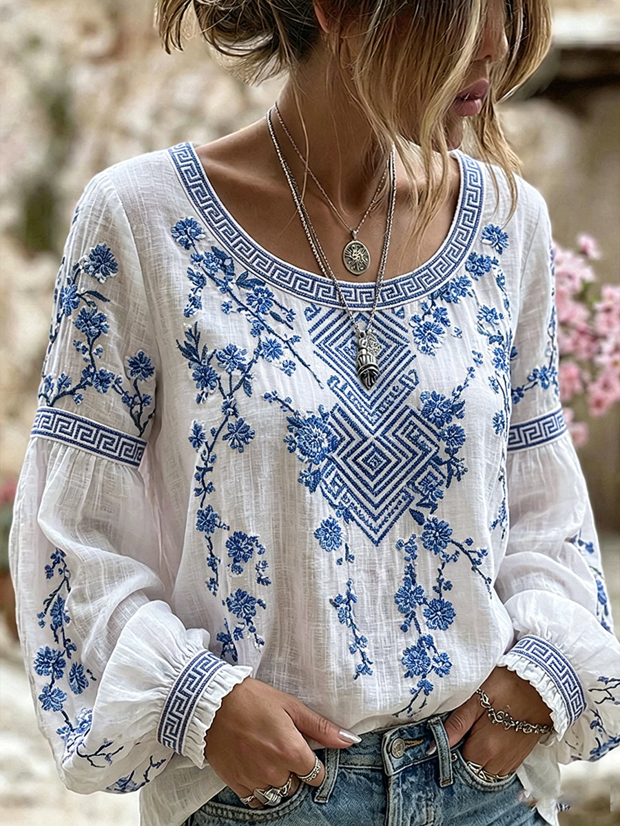 Kvinders vintage blomsterprint af kunst i stil med retro, afslappet top i bomuld-lin ⇒