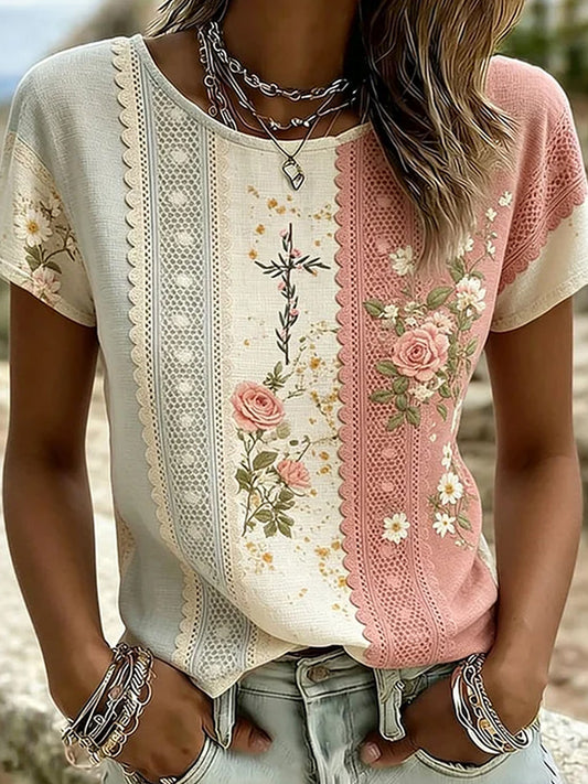 Retro blomsterkunst udskrive Casual Cotton-Linen T-shirt