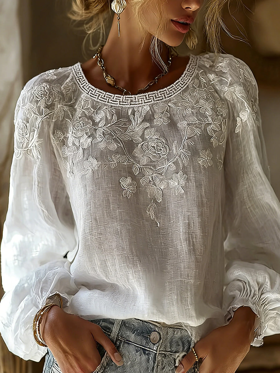 Kvinders Vintage-stil Casual Cotton-Linen Top med broderet blomster og trykte patchworks