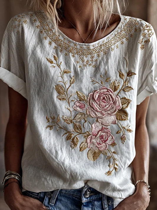 Retro blomsterkunstprint afslappet bomulds-linnet-shirt