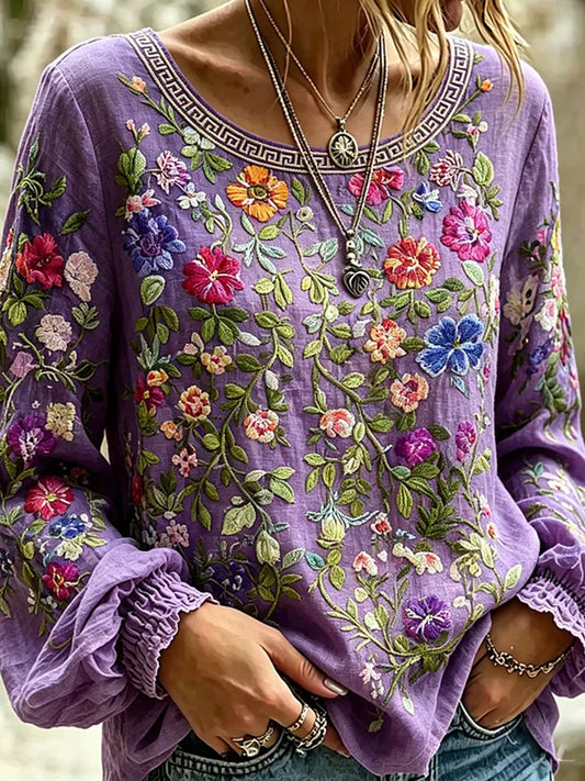 Retro floral kunstprint afslappet top i bomuld-linetrøje