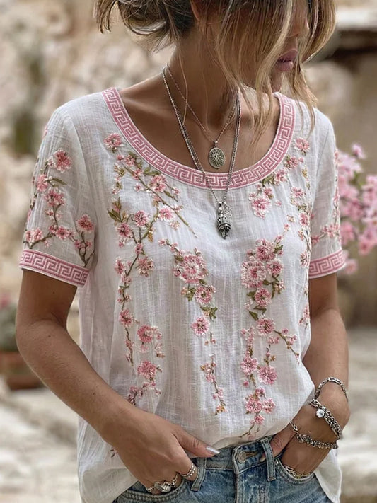 Retro blomsterkunstprint afslappet bomulds-linnet-shirt