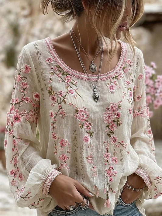 Retro floral kunstprint afslappet top i bomuld-linetrøje