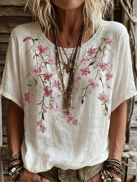 Kvinders vintage blomsterprint af kunst i stil med retro, afslappet top i bomuld-lin ⇒
