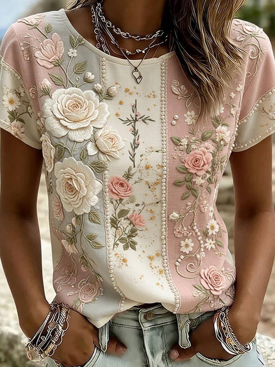 Kvinders Vintage blomsterkunst Print Comfort T-shirt