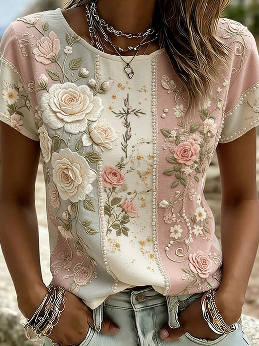 Kvinders Vintage blomsterkunst Print Comfort T-shirt