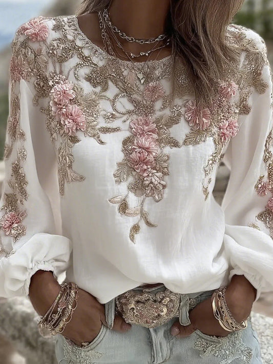 Kvinders vintage blomsterprint af kunst i stil med retro, afslappet top i bomuld-lin ⇒
