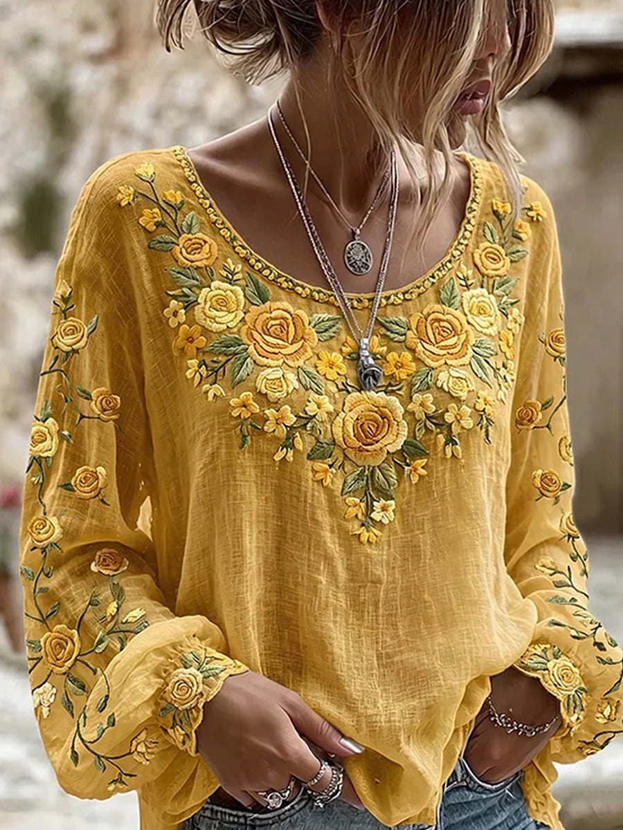 Retro floral kunstprint afslappet top i bomuld-linetrøje