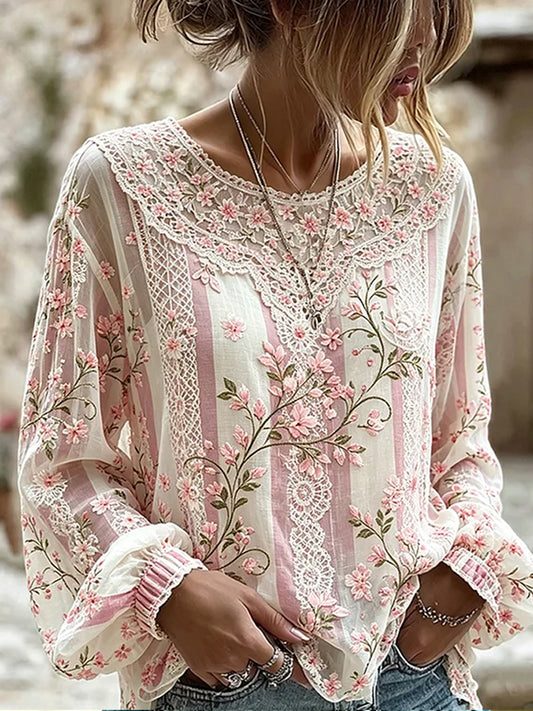 Kvinders vintage blomsterprint af kunst i stil med retro, afslappet top i bomuld-lin ⇒