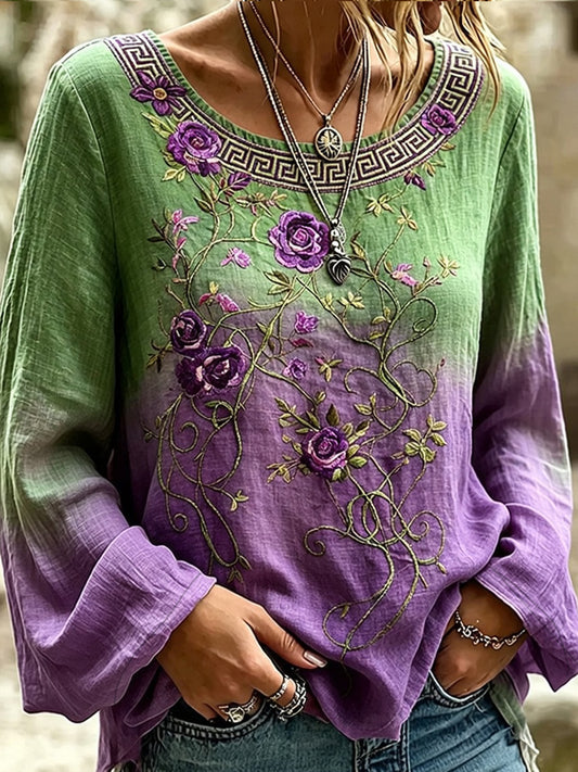 Kvinders vintage blomsterprint af kunst i stil med retro, afslappet top i bomuld-lin ⇒