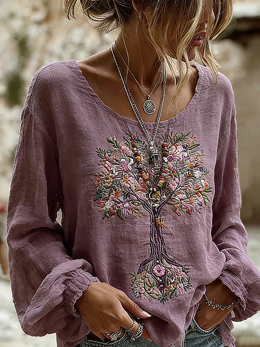 Kvinders vintage blomsterprint af kunst i stil med retro, afslappet top i bomuld-lin ⇒