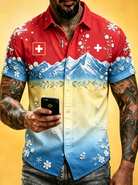 Mænds Short-ærme skjorte med schweiziske Alper-Inspireret kunstnerisk print