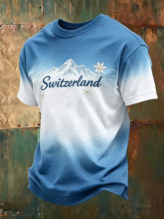 Herre T-shirt med schweizisk flag farveskema og alpe-motiv – kunstprint