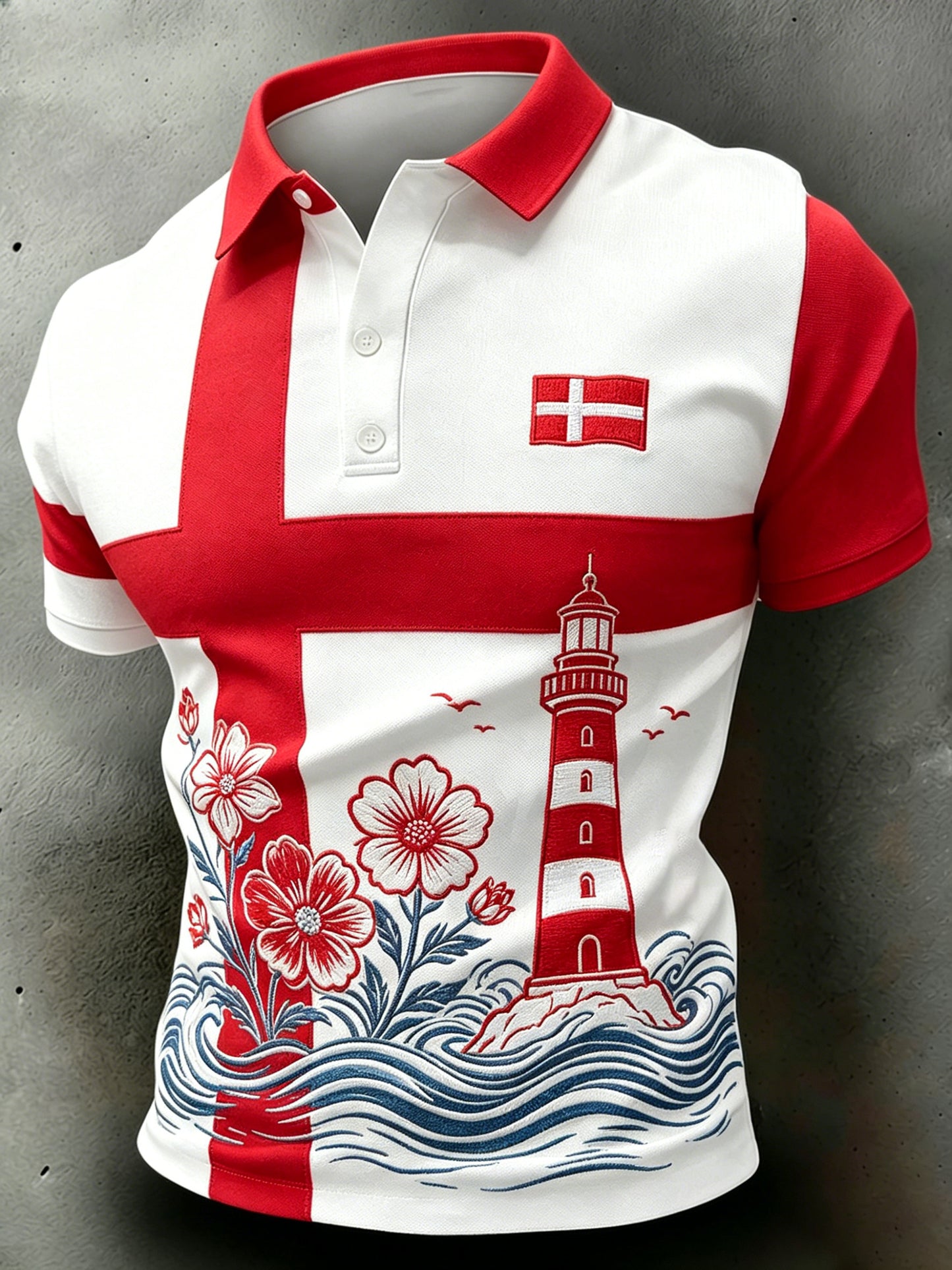 Mænds Casual Short-Sleeve Polo skjorte med blomster, bølge, og fyrtårn Print