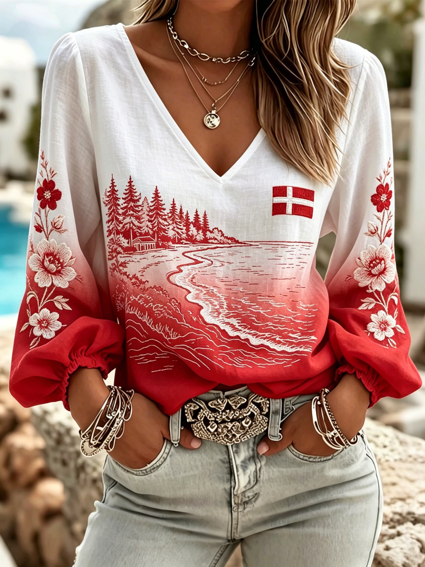 Kvinders ferie inspireret trykt V-Neck Toppe