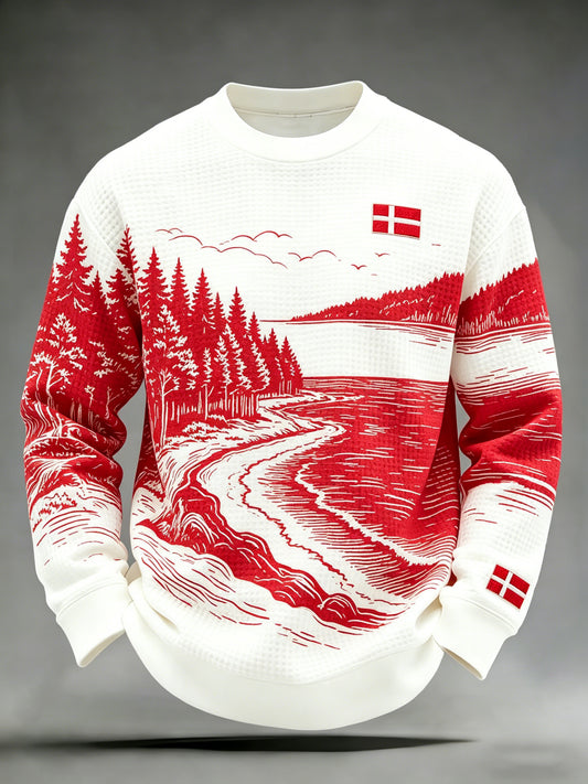 Mænds ferie-stil trykt Casual Vaffel Strik langærme T-shirt