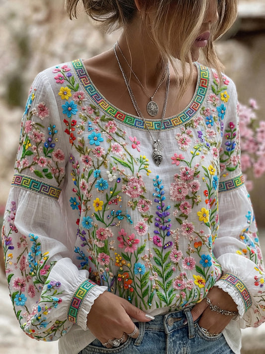 Kvinders vintage blomsterprint af kunst i stil med retro, afslappet top i bomuld-lin ⇒