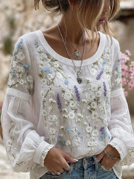 Kvinders vintage blomsterprint af kunst i stil med retro, afslappet top i bomuld-lin ⇒
