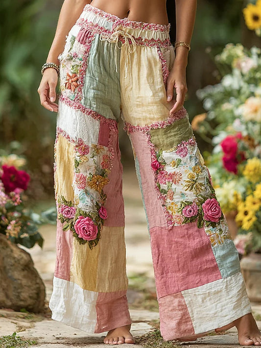Retro Blomster kunst udskrive Casual Cotton-Linen Comfort Bukser